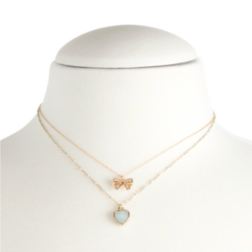 LUNA NORTE Bow And Heart Charm Necklace Set With Genuine Aquamarine NWTS - Picture 4 of 12